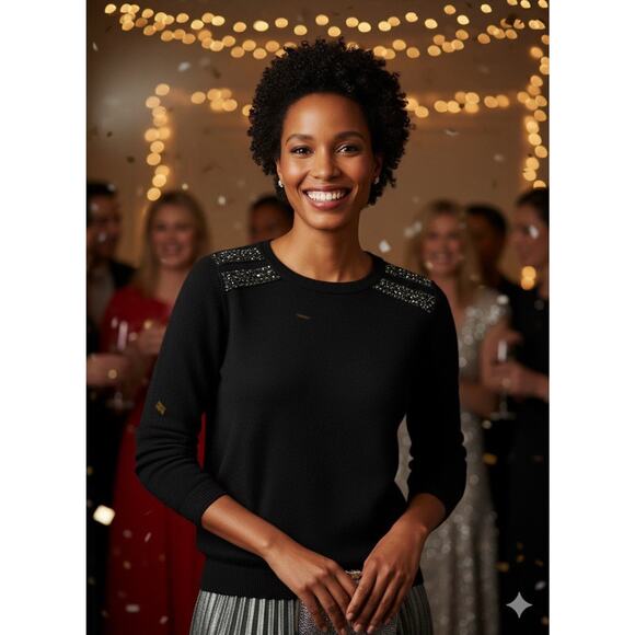 C By Bloomingdale's 100% Cashmere Embellished Shoulders Sweater Sz M Black $228 - Picture 1 of 12